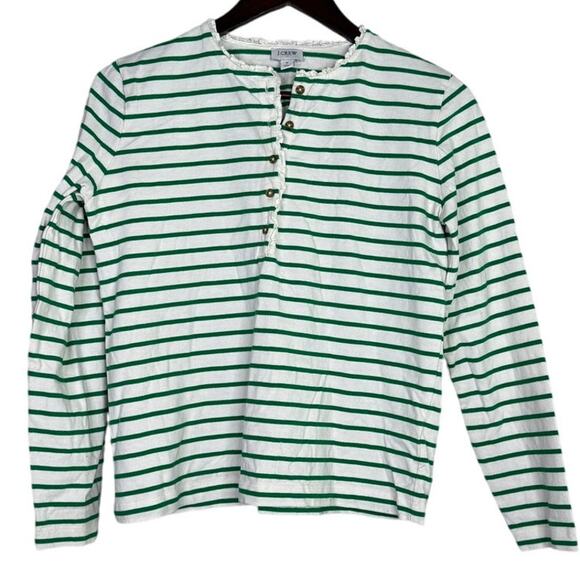 J. Crew Striped Ruffle Neck Henley Buttons Long Sleeve Top Blouse S Green White - Picture 13 of 15
